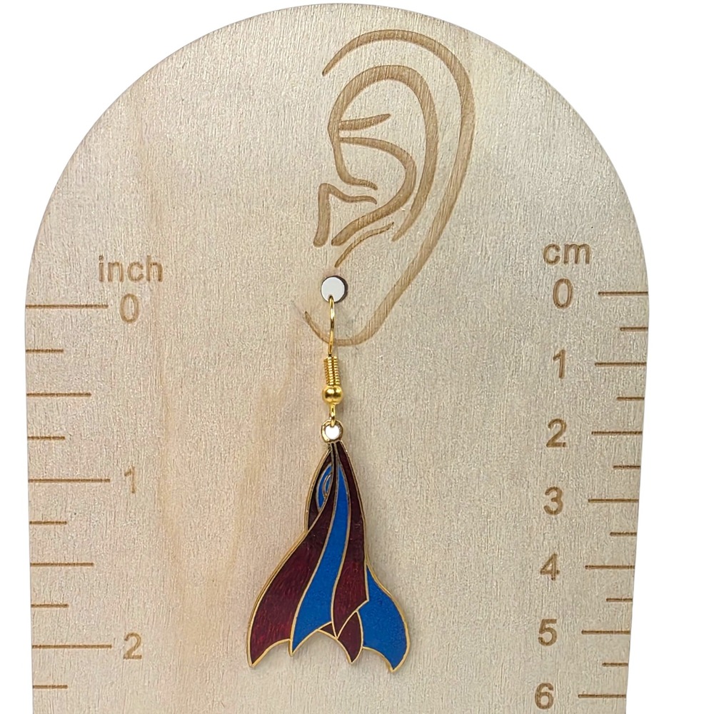 Vintage Cloisonne Mermaid Tail Dangle Earrings Gold Tone Blue Burgundy Enamel